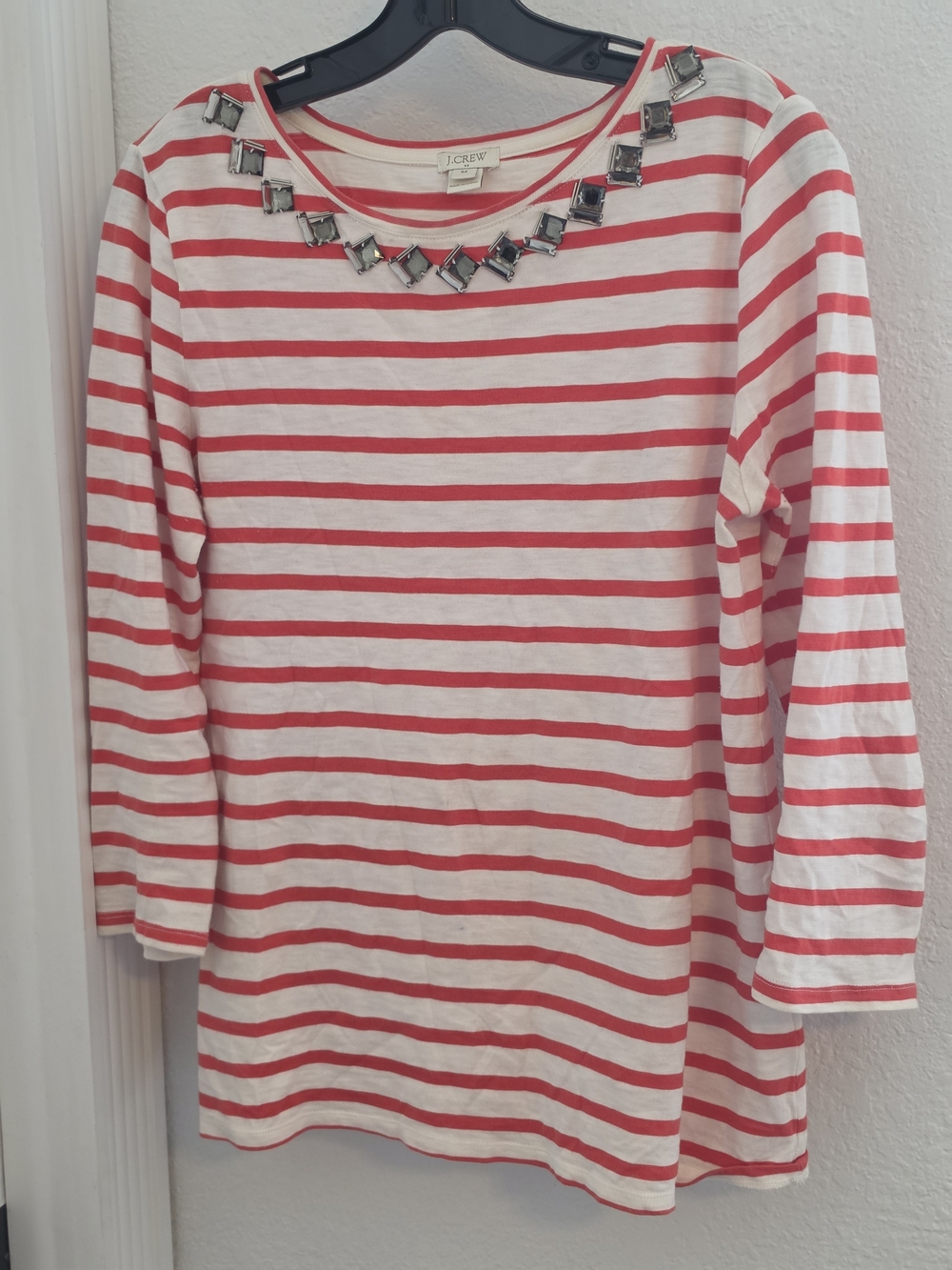 J. Crew Red and White Striped Long-Sleeve Top with Jewel Accent
